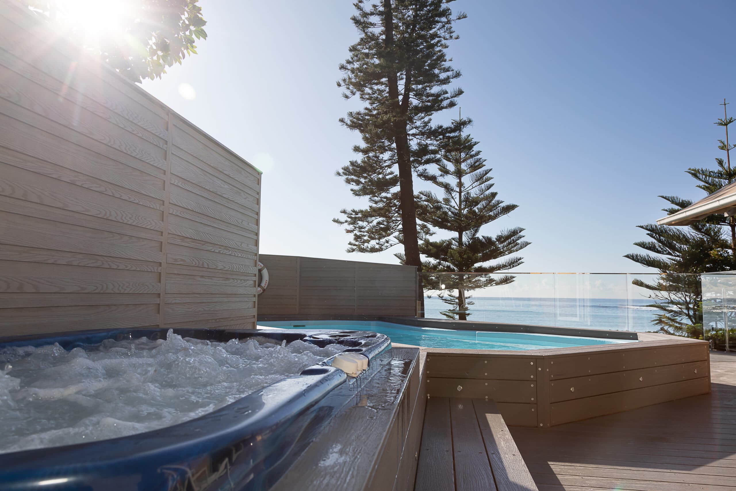 Deck with large heated jacuzzi