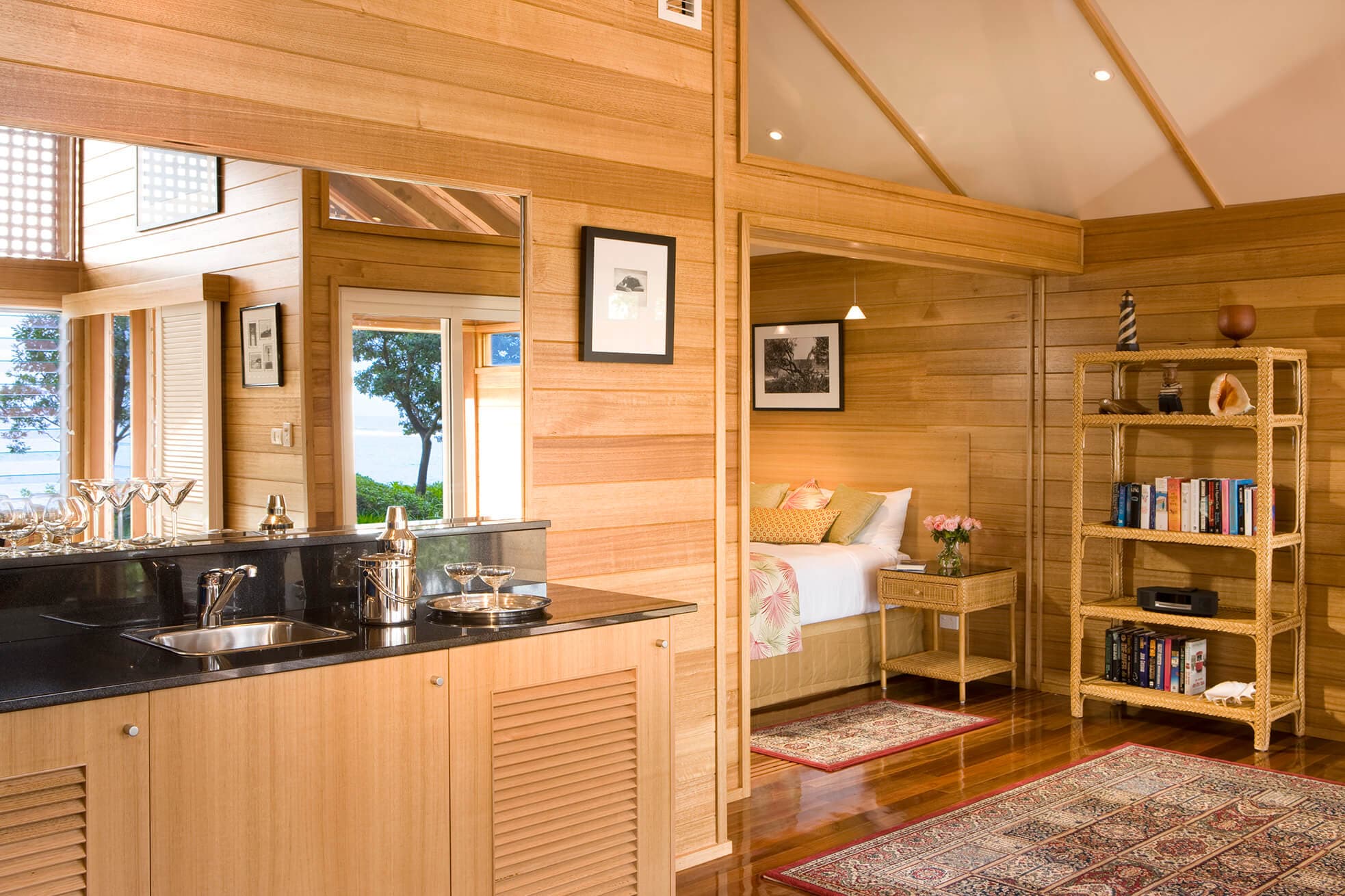 Living Area with Fridge, Cocktail Shaker and Glassware
